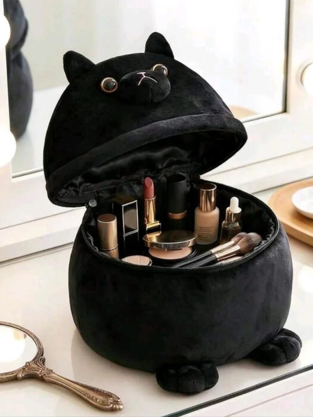 Black Cat Plush Makeup Organizer Bag